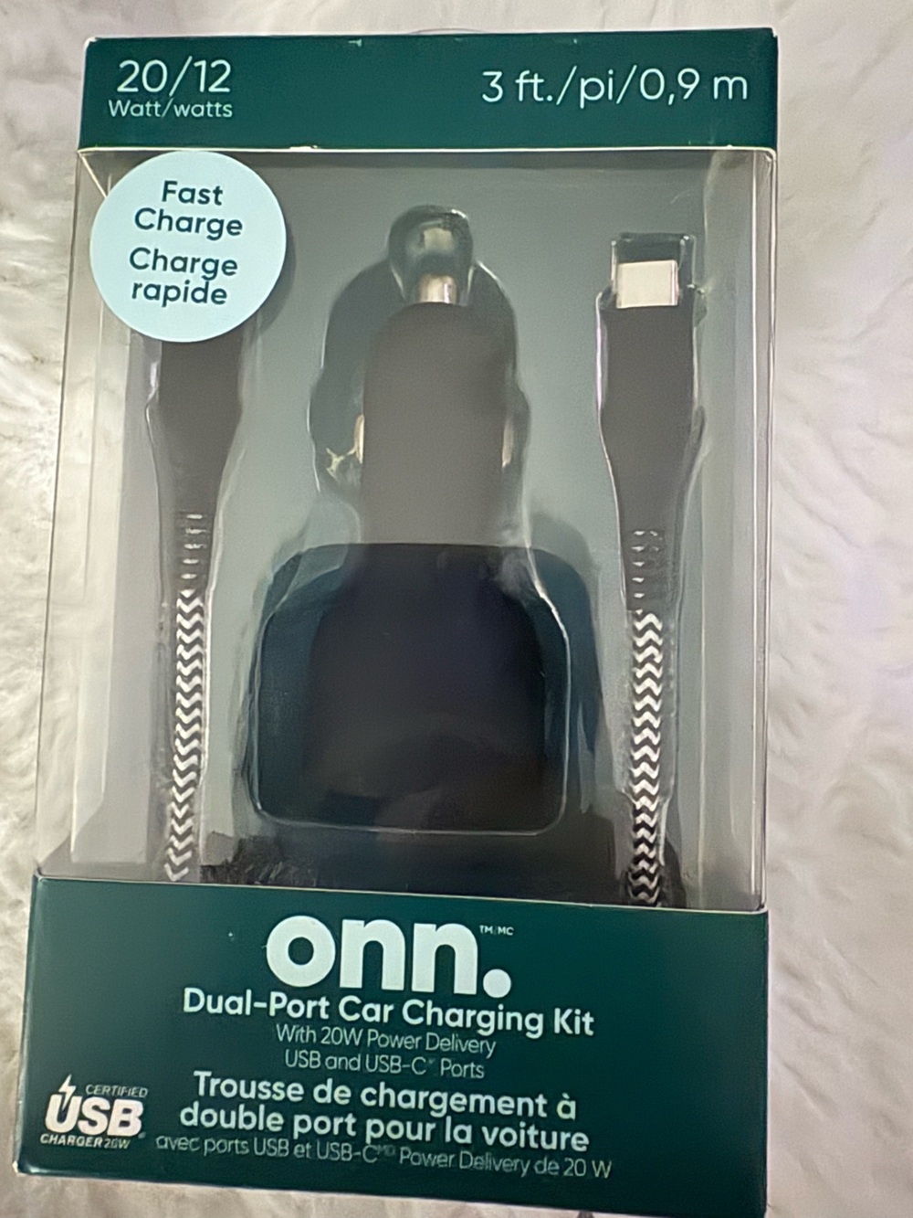 Onn. Black Dual-Port Car Charging Kit with Braided Cable